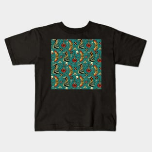 Turquiose Moth and Snake Pattern Kids T-Shirt